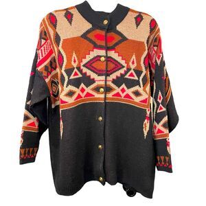 Southern Lady Southwestern Print Boho Cardigan Sweater Black Red Brown Size XL